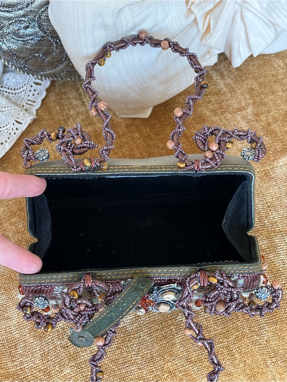 Mary Frances Beaded Vintage Beaded Fringe Hand Bag in Brown, Olive & Copper NWOT - Picture 4 of 9